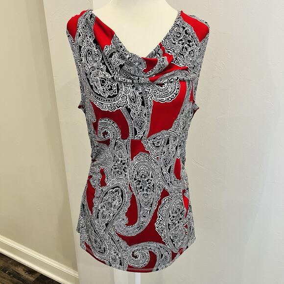 White House Black Market Tops - White House Black Market Knit Top Red Black Paisley Stretch Women’s L (A0131)
